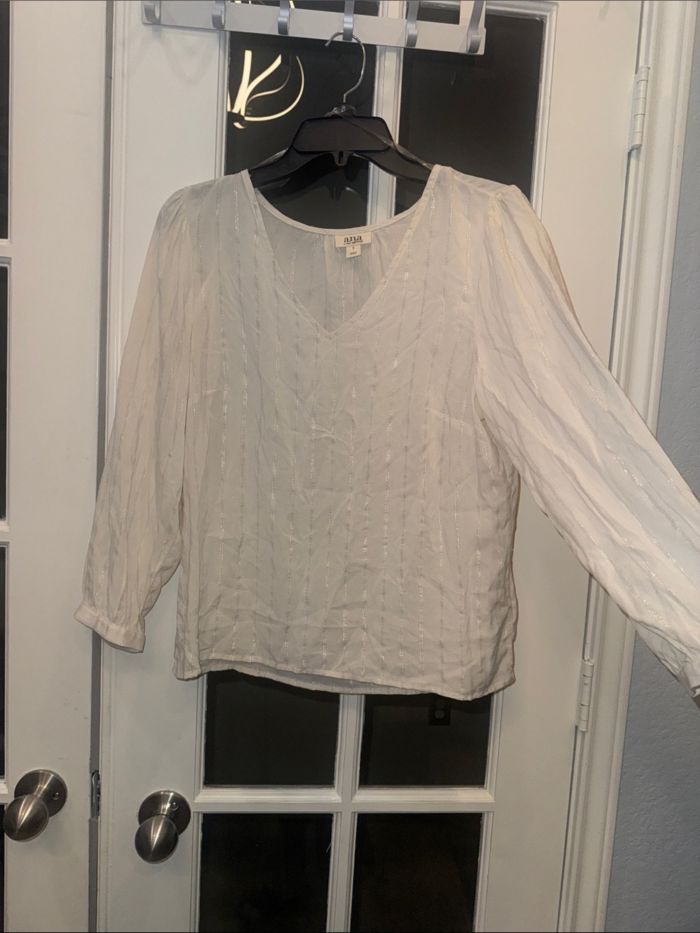 Sheer V-Neck Long Sleeve Blouse- White S
